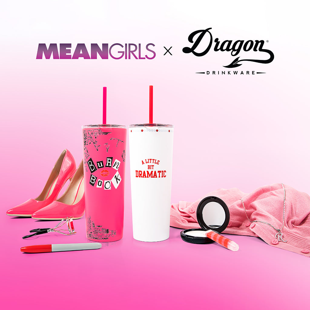 Dragon Glassware x Mean Girls Burn Book Tumbler, Stainless Steel Vacuum Insulated Water Bottle, Comes with Lid and Two Straws, Fits in Cup Holders