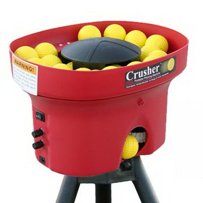 Heater Crusher Curve Mini-Ball Pitching Machine Loaded With Yellow Balls