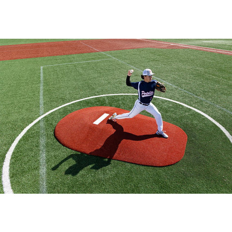 PortoLite 8" Two-Piece Portable Pitching Mound red top view player pitching