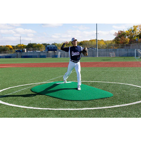 Portolite 10" Full Length Portable Pitching Mound for High School green with pitcher on mound