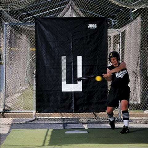 Batting Cage Backdrop and Pitcher's Trainer With Player Batting A Ball