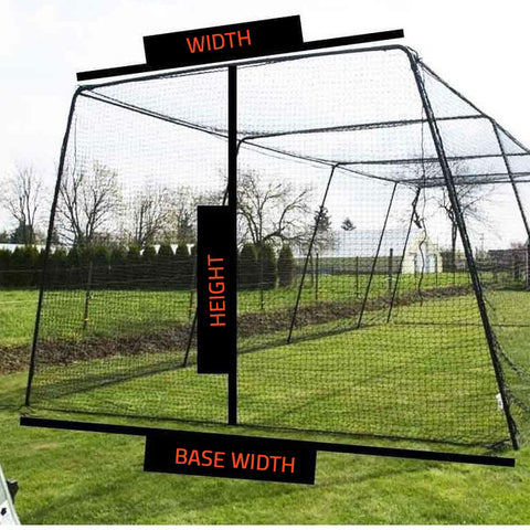 Trapezoid baseball batting cage with dimension labels