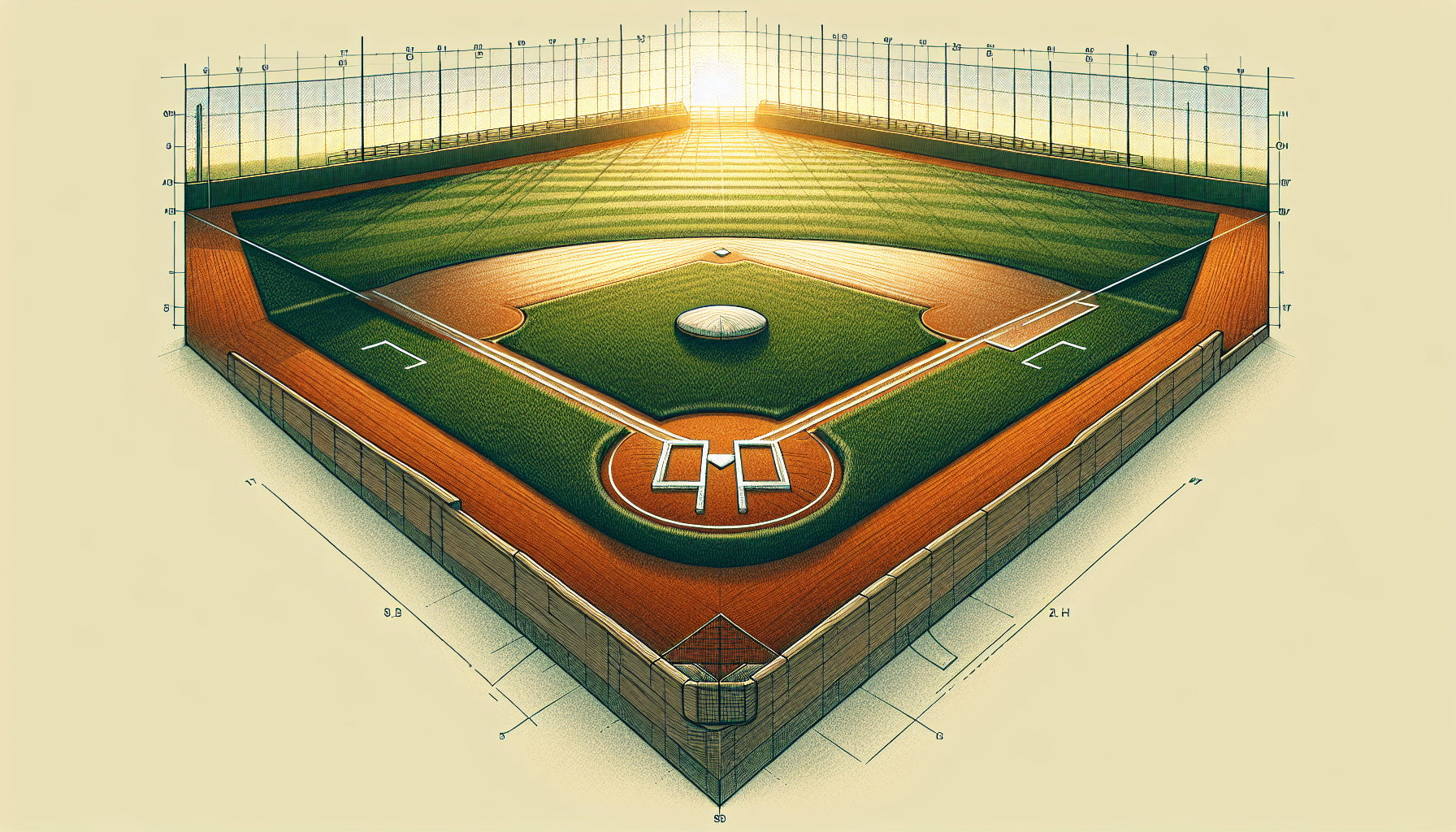 Illustration of a baseball diamond with a pitcher's mound, home plate, and outfield fence distance