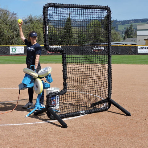 Protector C Screen for Softball with Wheels with Pitching Machine and Pitcher