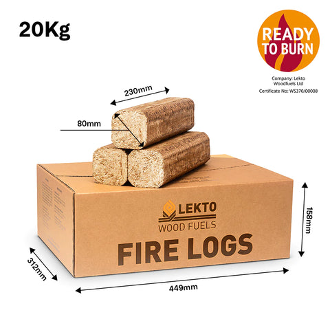 Diagram showing the size and weight of Lekto Fire Logs
