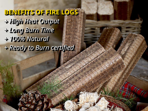 Informational diagram highlighting the benefits of Lekto Fire Logs, including their high heat output, long burn time, and ready to burn certification.
