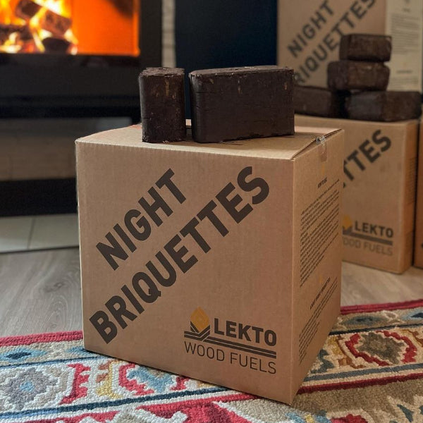 Product shot of Lekto Night Briquettes, a briquette fuel made from all natural softwood bark.