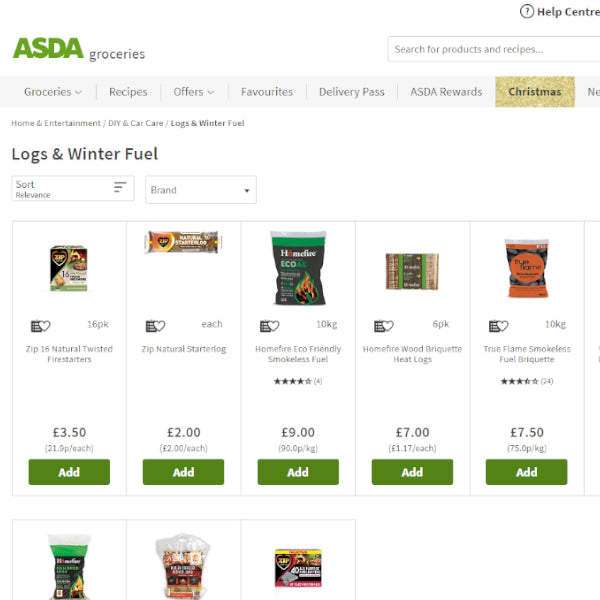 Screenshot of the Asda Logs & Winter Fuel Page