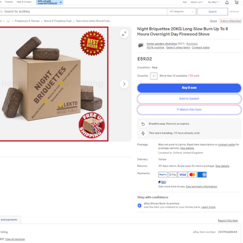 Screenshot of Lekto Woodfuels Night Briquettes being resold by a stockist on eBay