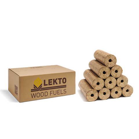 A box labelled Lekto Heat Logs next to a pyramid of heat logs
