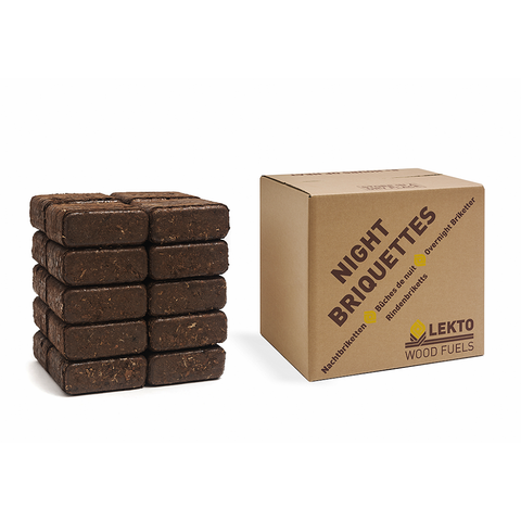 A stack of Lekto Night Briquettes next to their product box