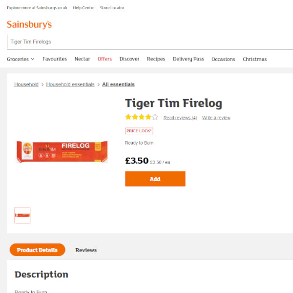 Sainsbury's Tiger Tim Firelog Product Page