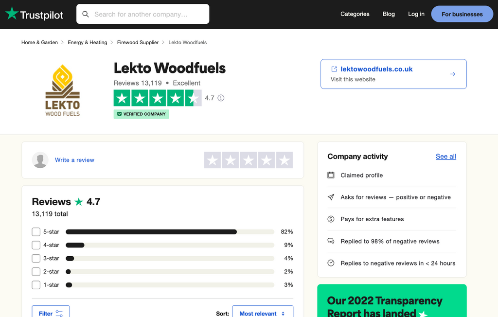 Screenshot from the official Lekto Woodfuels Trustpilot page, showing an average rating of 4.7 stars.