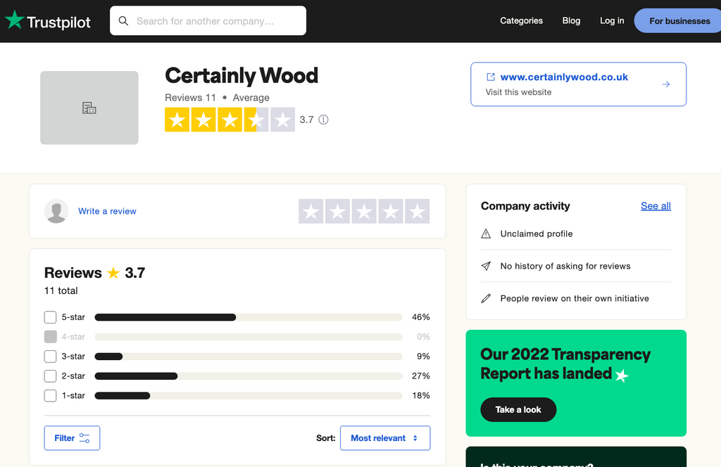 Screenshot of the official Trustpilot page of Certainly Wood, showing an average rating of 3.7 stars.