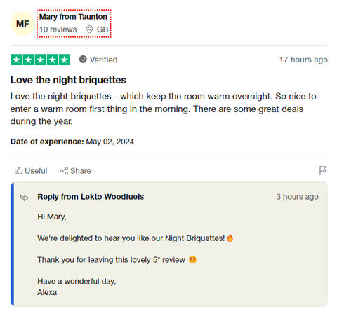 Lekto Night Briquette customer review from Mary from Taunton