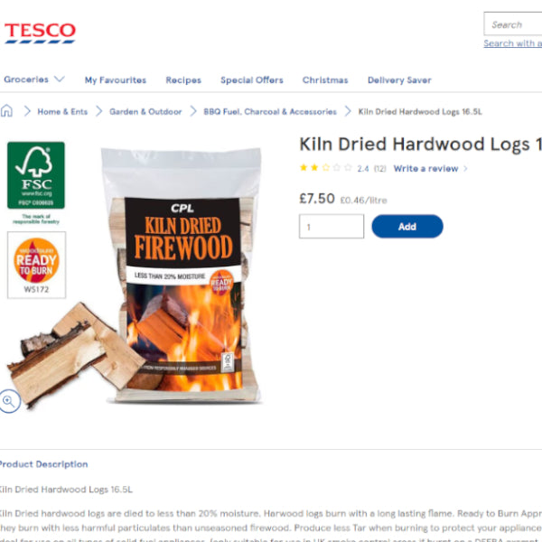 CPL-branded kiln-dried firewood for sale on Tesco's UK website.