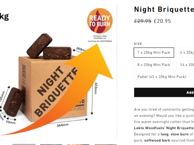 Web screenshot showing Ready to Burn certification information of Lekto Night Briquettes