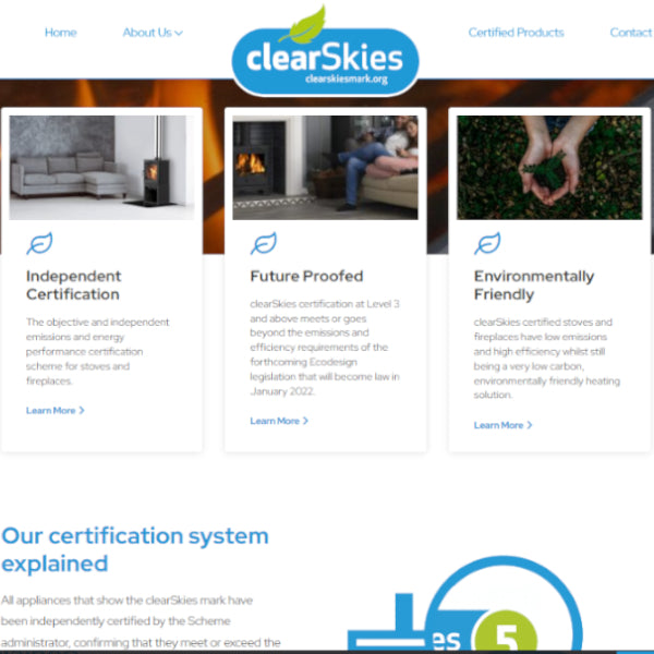 Screenshot of the Official Website of the clearSkies Log Burner Quality Mark