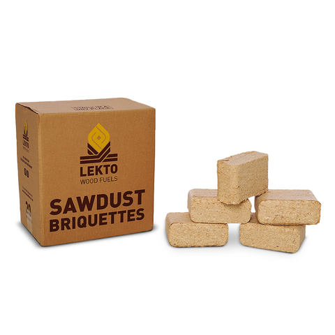 A labelled Lekto Sawdust Briquettes next to 5 sawdust briquettes arranged in a pyramid shape