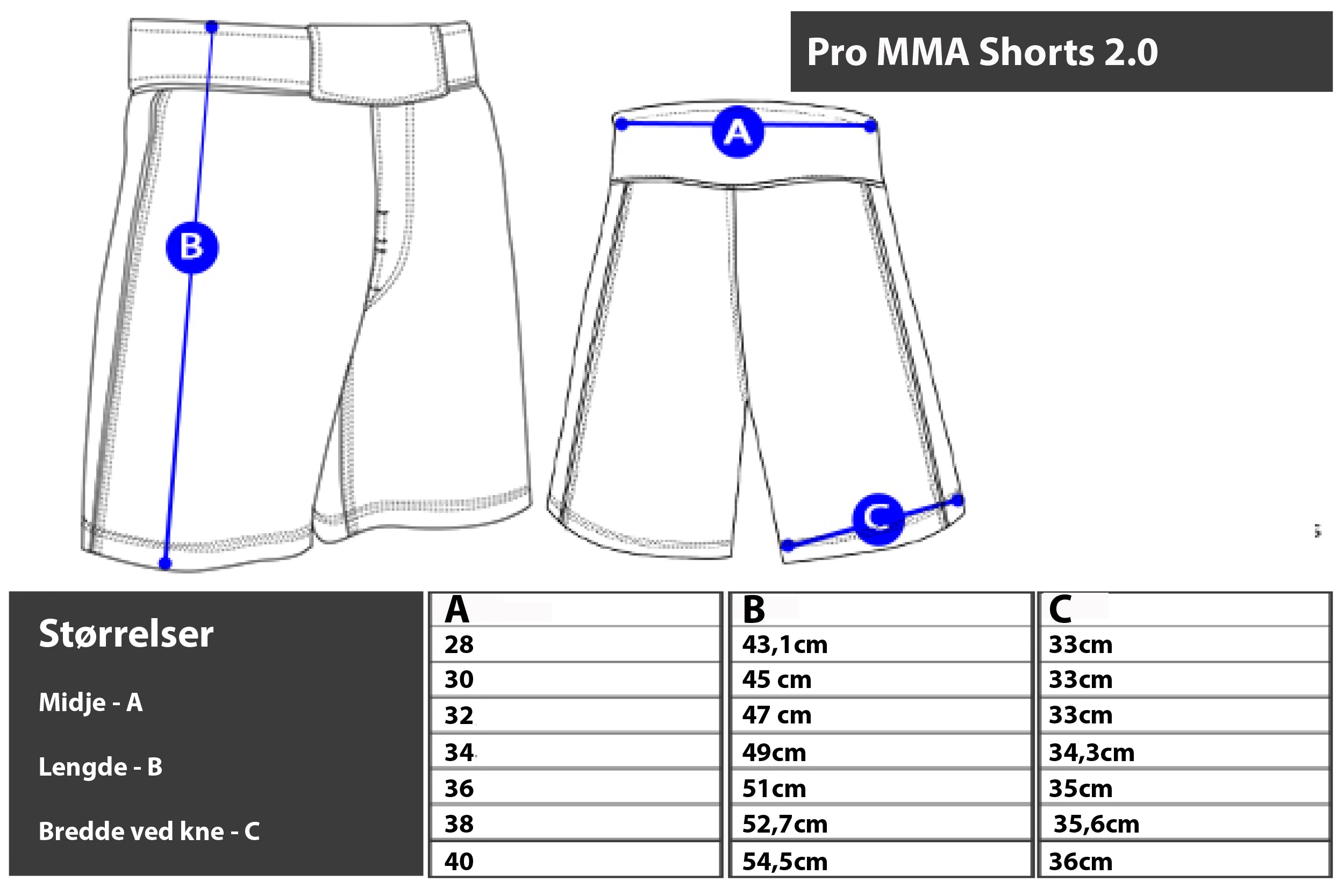 MMA shorts størrelses guide combat corner norge