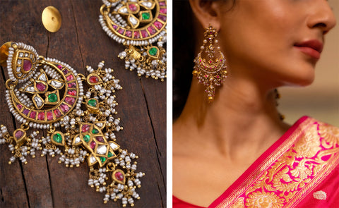 Gold tone white-pink-green stone south Indian style earrings dj-41755 –  dreamjwell