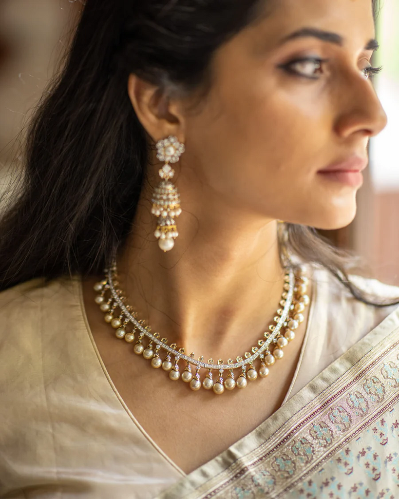 diamond and pearl necklace and earrings