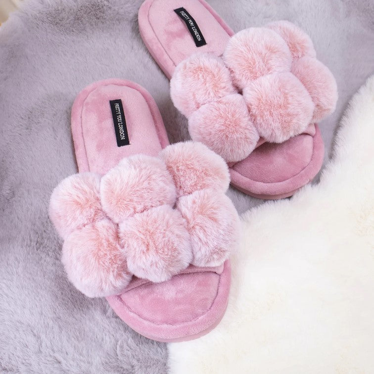 PomPom Dolly pink slippers by Pretty you london  fluffy pompom slippers 