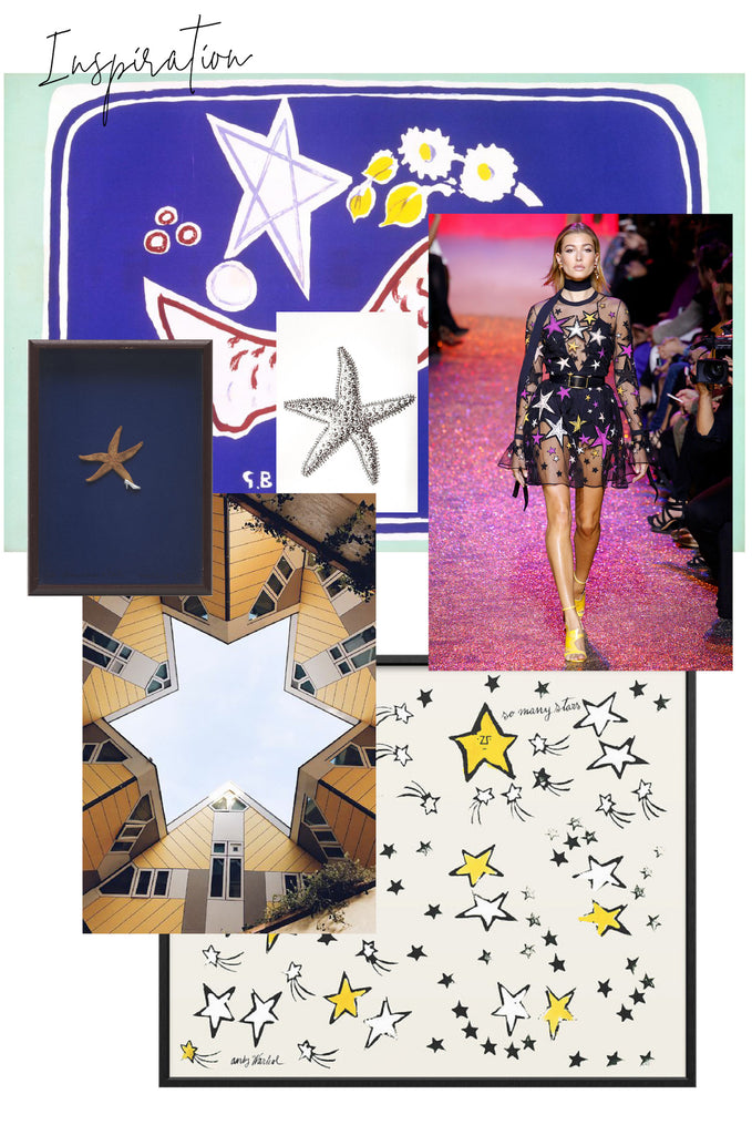 Collage of stars across different mediums, including hand drawn sketches, stars on a dress, starfish, and a star created by buildings from a photo taken from the ground up