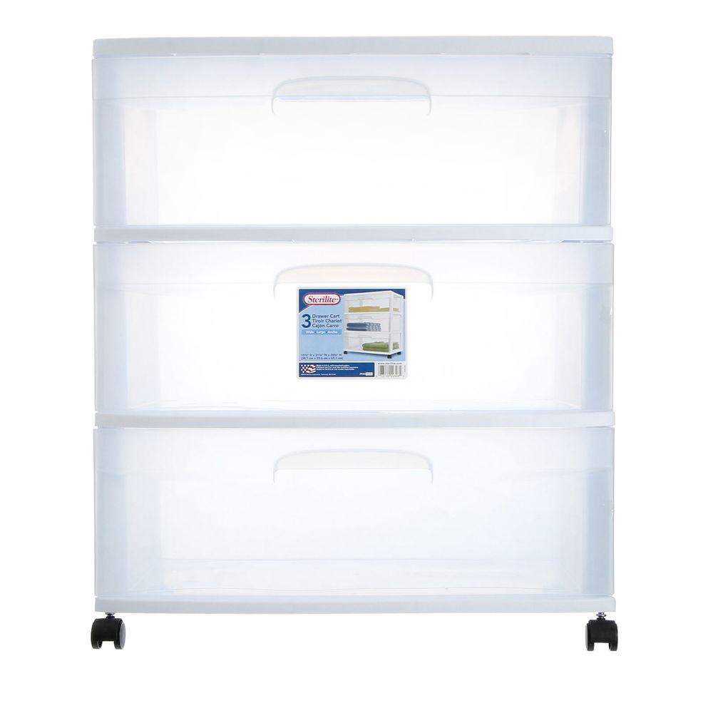 Sterilite 29308001 Storage 3Drawer Wide Cart, Clear with White Frame