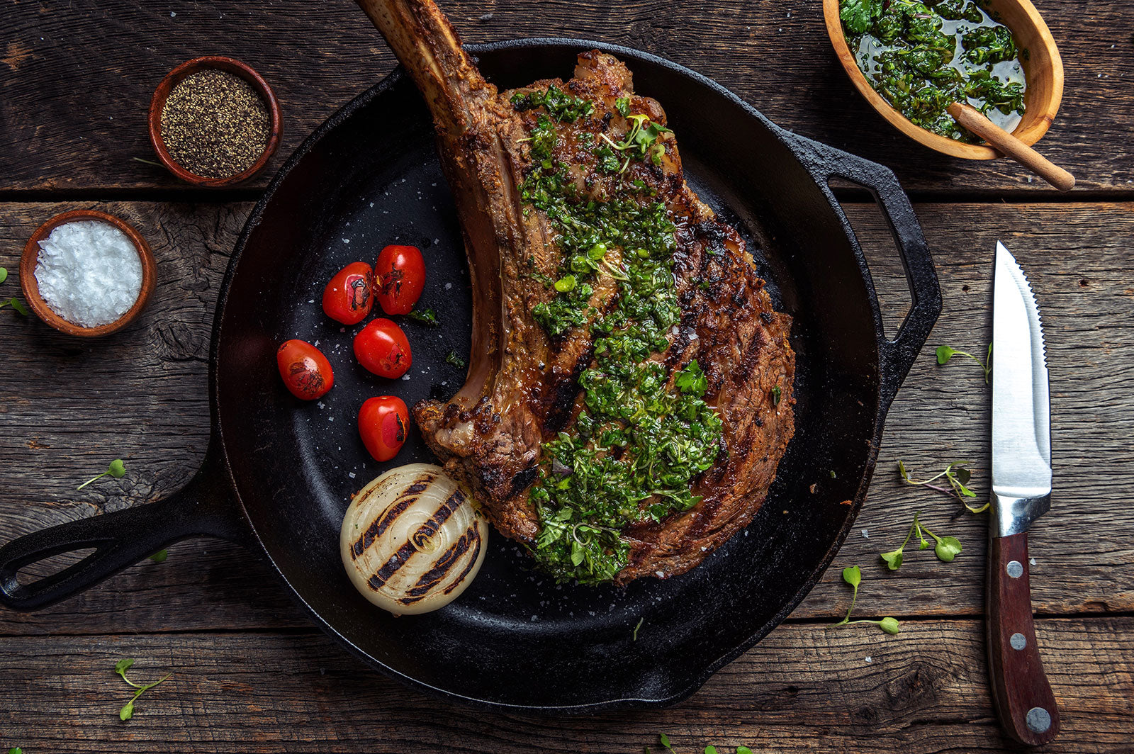 Mustard Rub Tomahawk Steak with Microgreen Relish