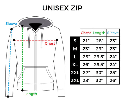 Size Chart Unisex Zip Hoodie