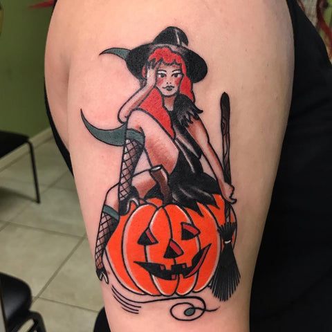 pinup witch halloween tattoo