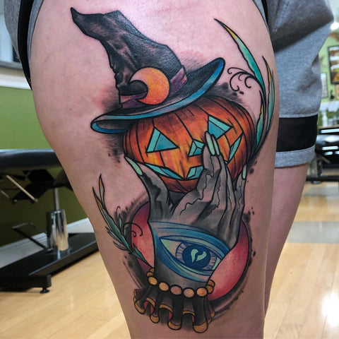 pumpkin witch halloween tattoo