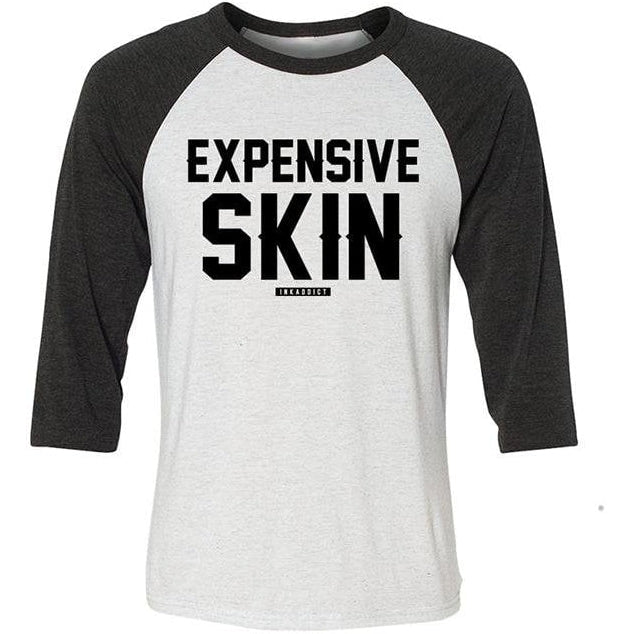 Image of Expensive Skin Unisex White/Heather Charcoal Baseball Tee