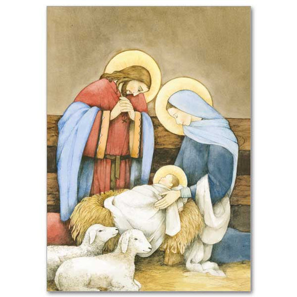 Holy Family in Stable with Lambs Christmas Cards – The Catholic Gift Store
