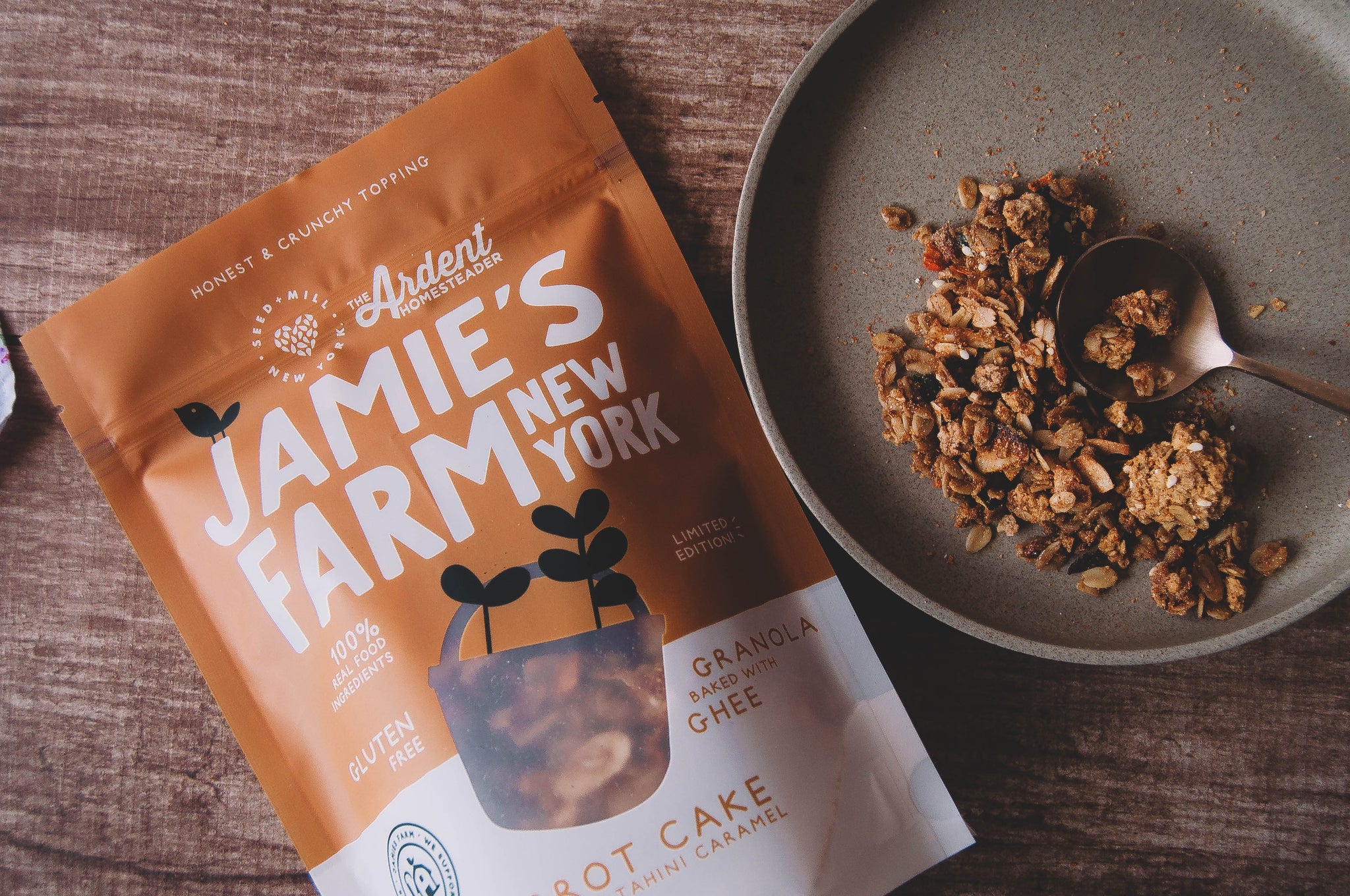 Carrot Cake Granola with Salted Tahini Caramel, Gluten-Free, Organic | Jamie's Farm New York x Ardent Homesteader x Seed + Mill