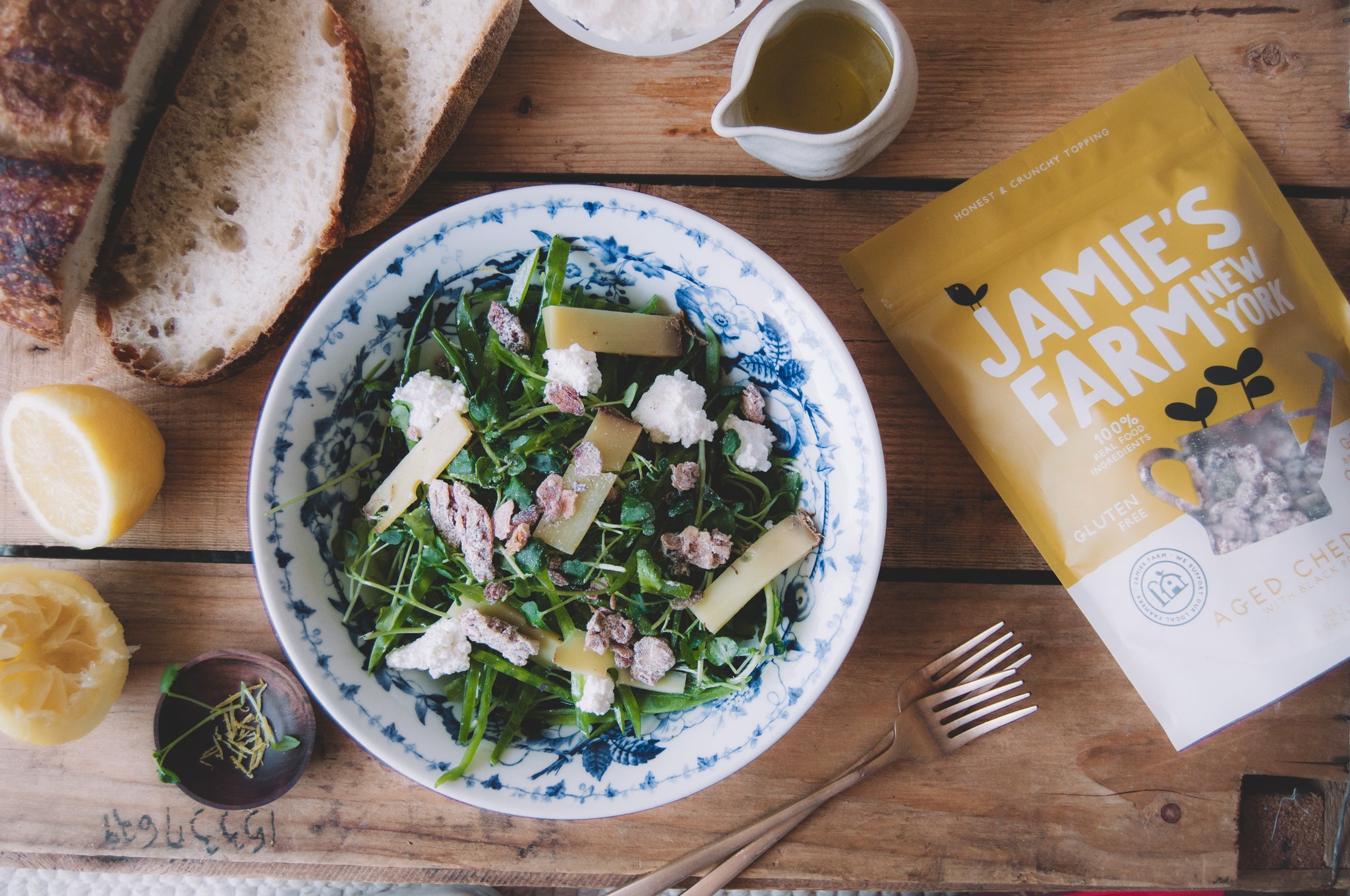 Sugar Snap Pea Salad with Jamie's Farm Aged Cheddar Granola