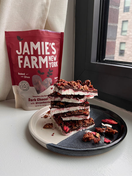 Chocolate Strawberry Rose Bark with Jamie's farm granola