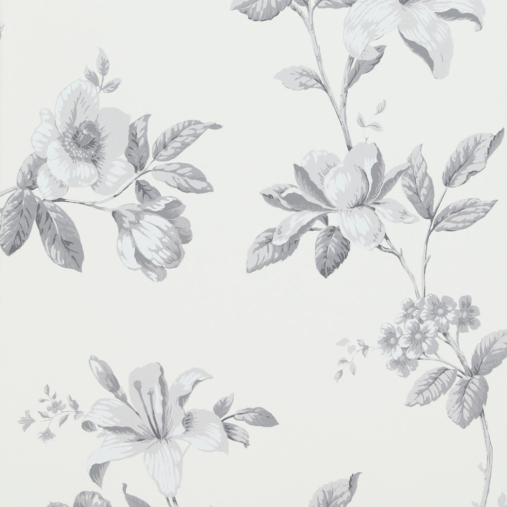 Luxury Vintage Floral Arrangement White And Grey Wallpaper