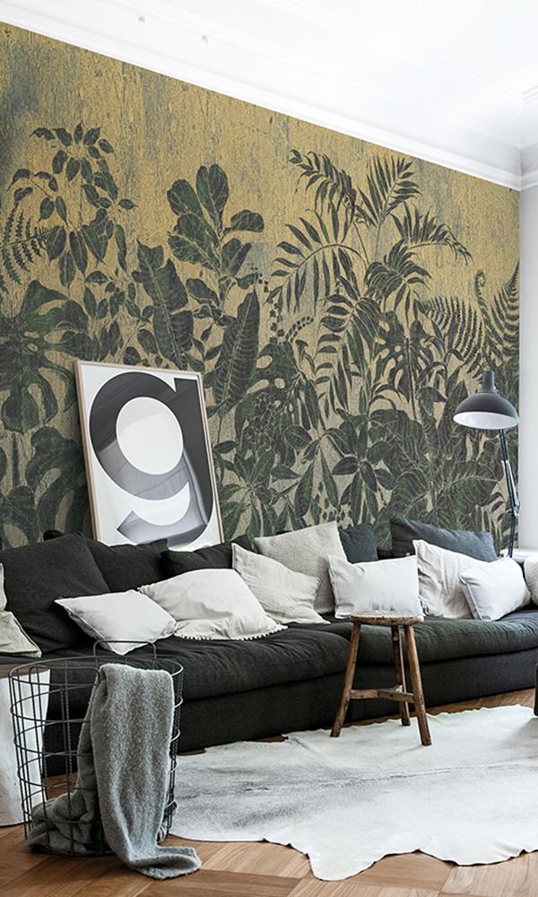 Hunter Green Printed Leaves on Wood Mural Wallpaper M9508 – Walls