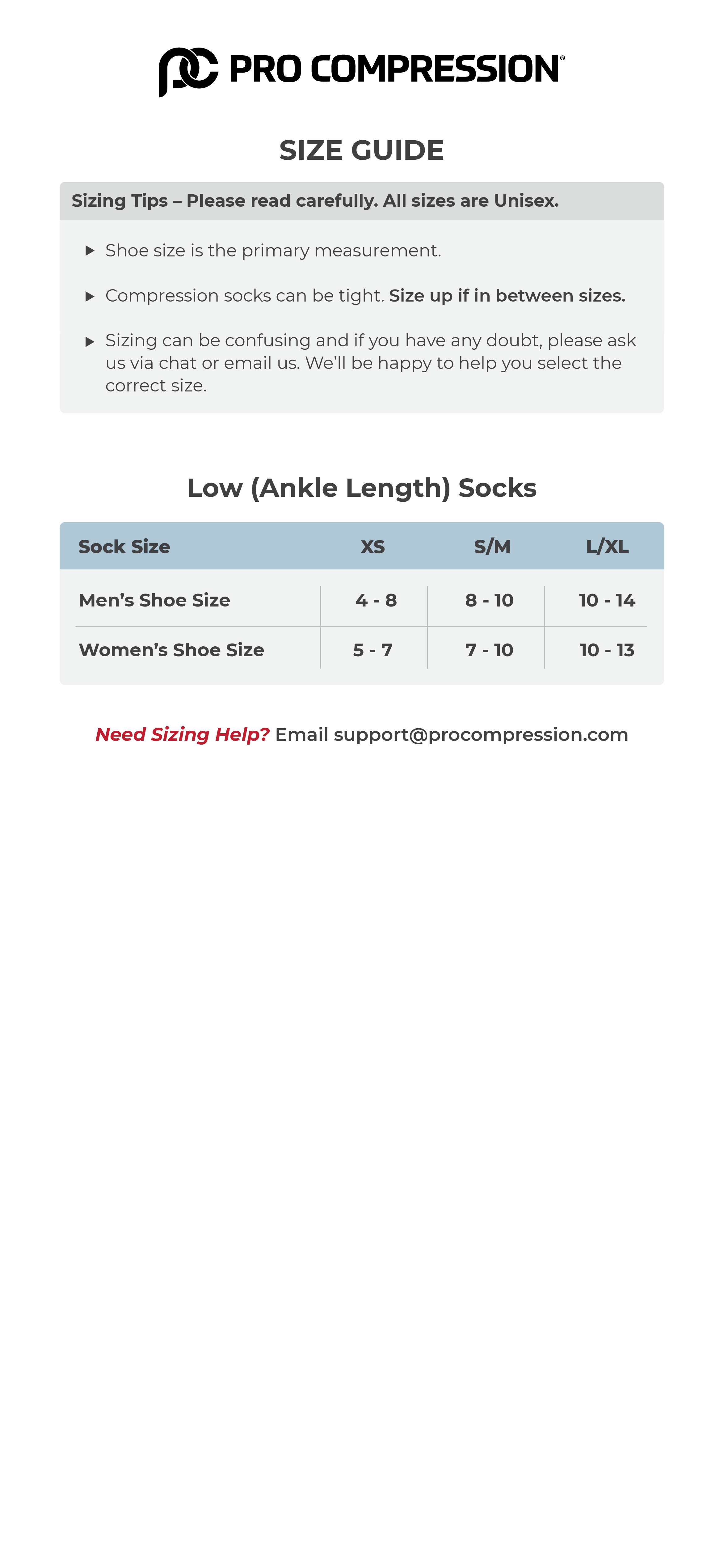 Low Ankle Height Compression Socks Size Chart