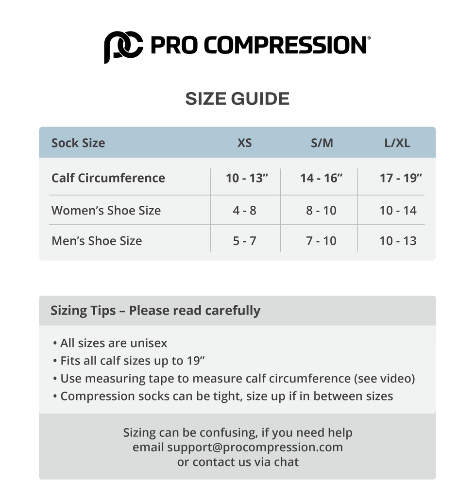 Over the Calf, Knee High Compression Sock Size Chart