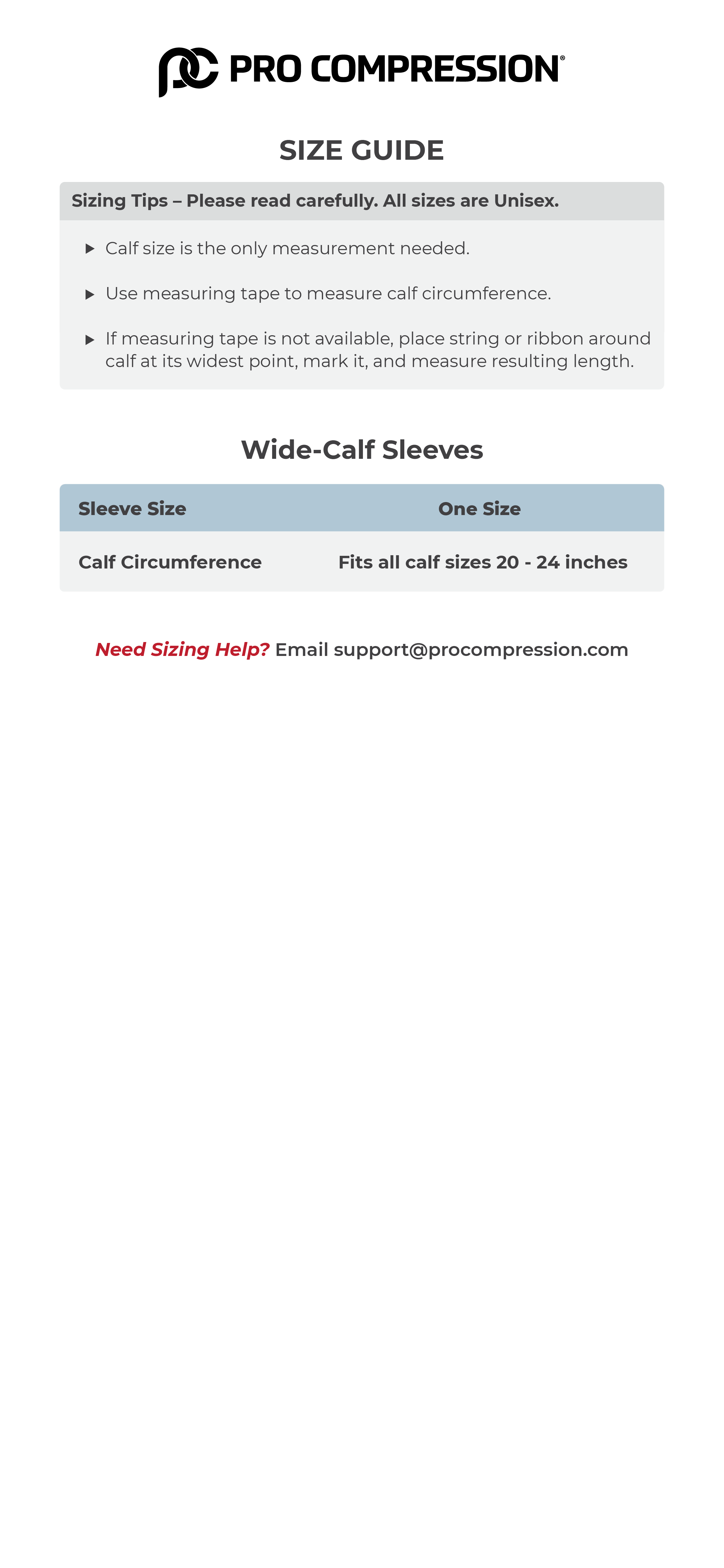 Wide Calf Compression Calf Sleeve Size Chart