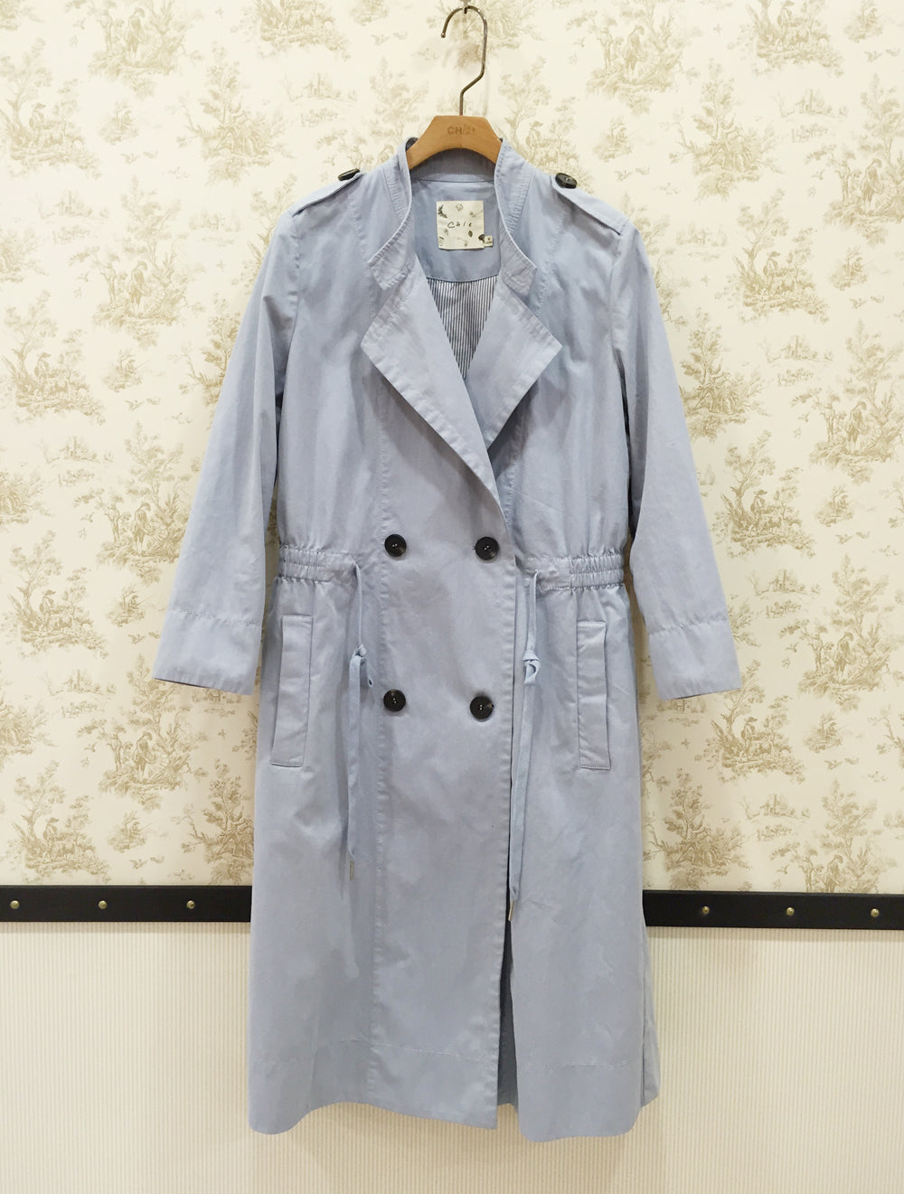 Military style trench coats with elastic waist powder blue
