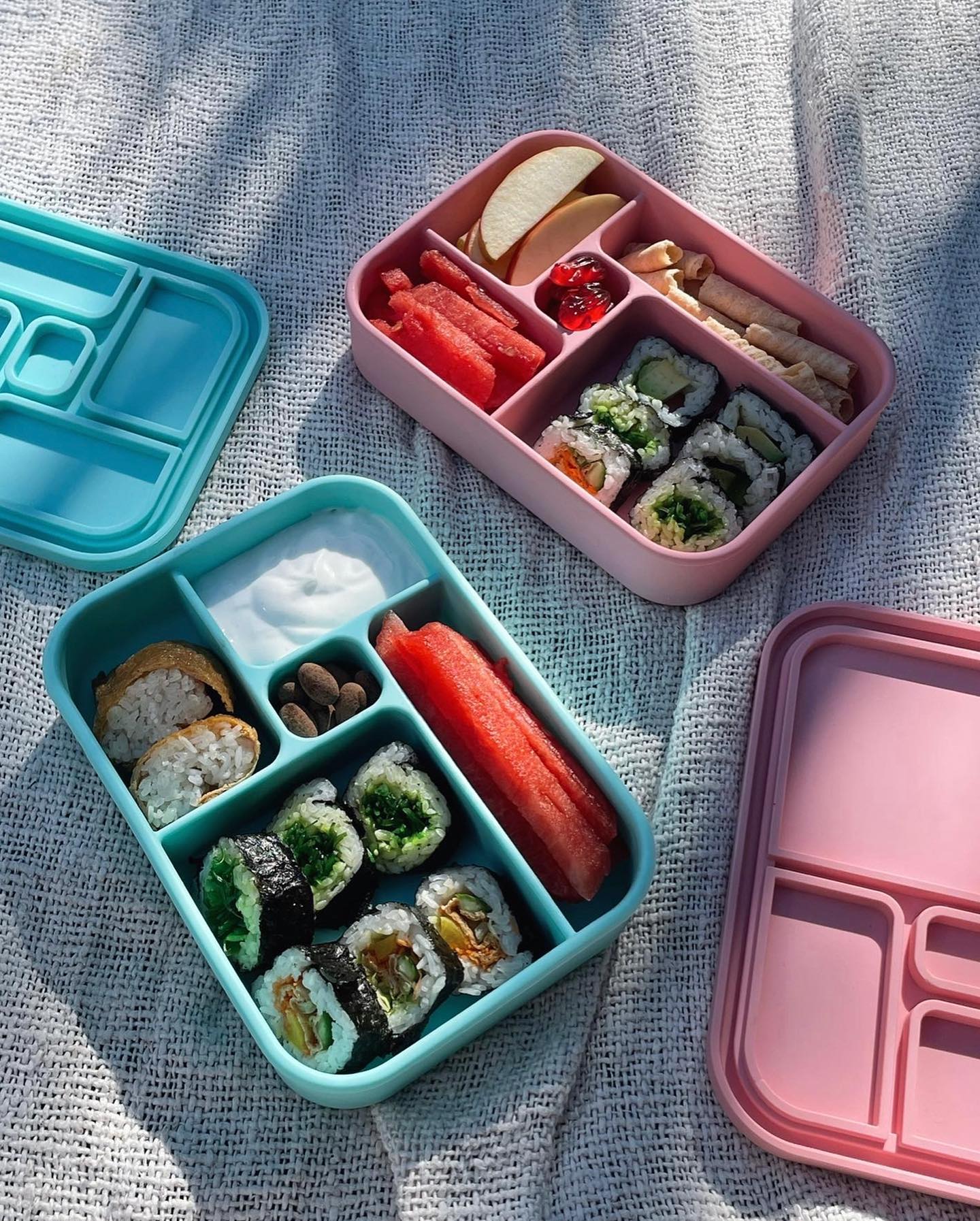 Silicone Lunch boxes packed with sushi and snacks