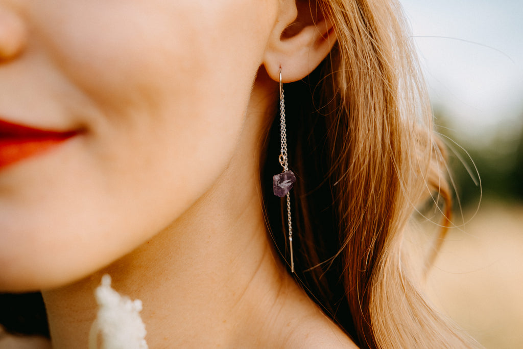 Amethyst - Origin and effects. Earrings with raw amethysts.