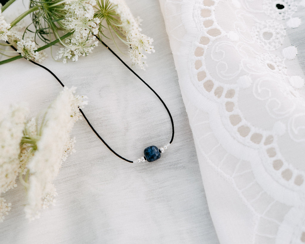 Bohovibes dumortierite necklace. Handmade jewelry.