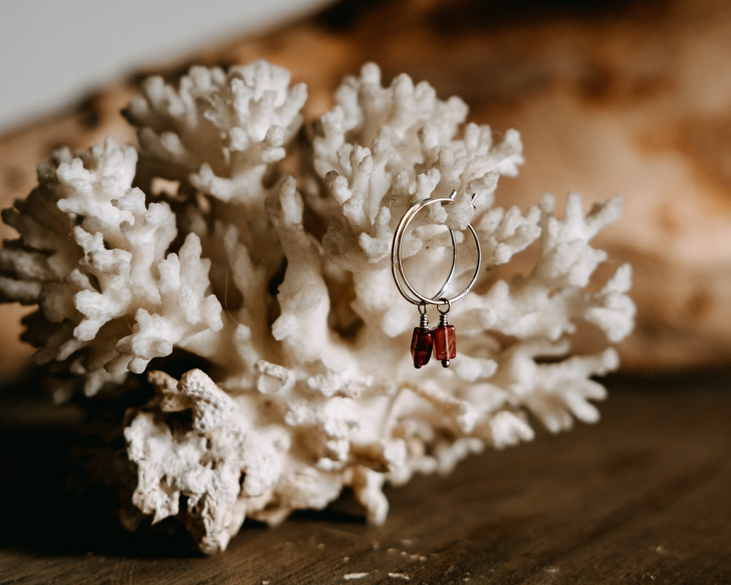 Bohovibes hoop earrings with garnet. Handmade jewelry from minerals.