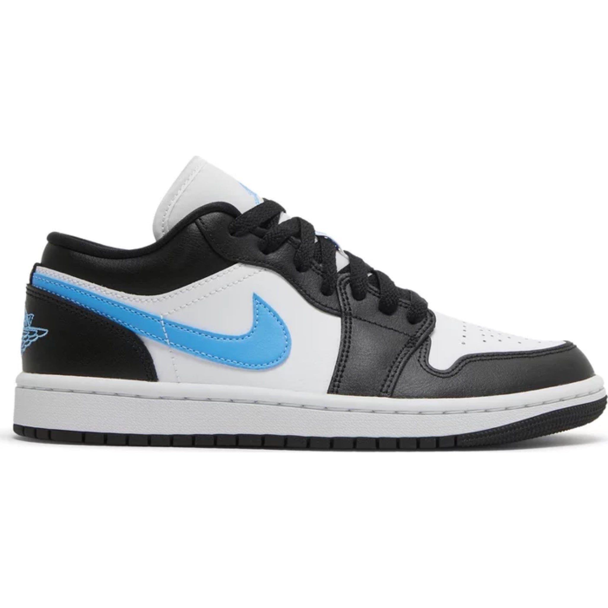 black and white jordans with blue tick