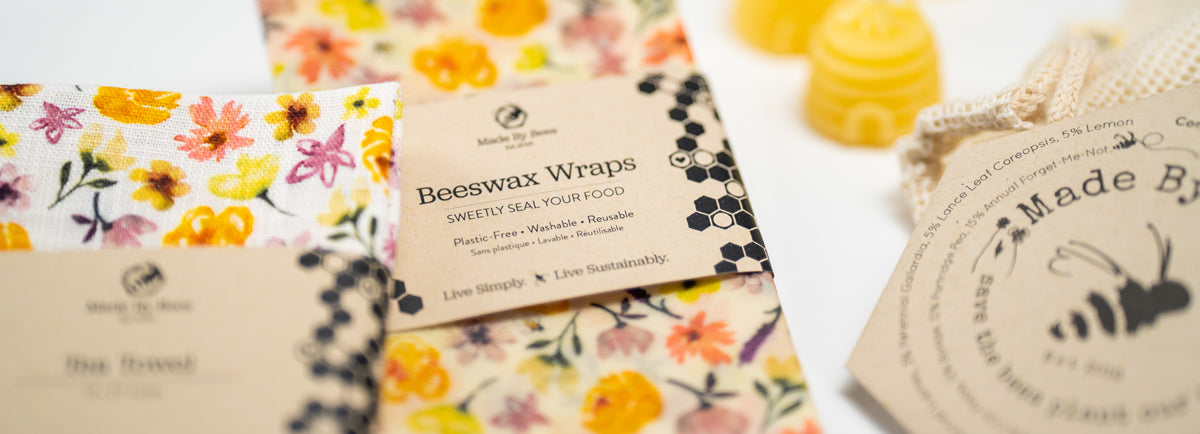 Sustainable home products: beeswax food wraps, fabric napkins, pollinator seeds
